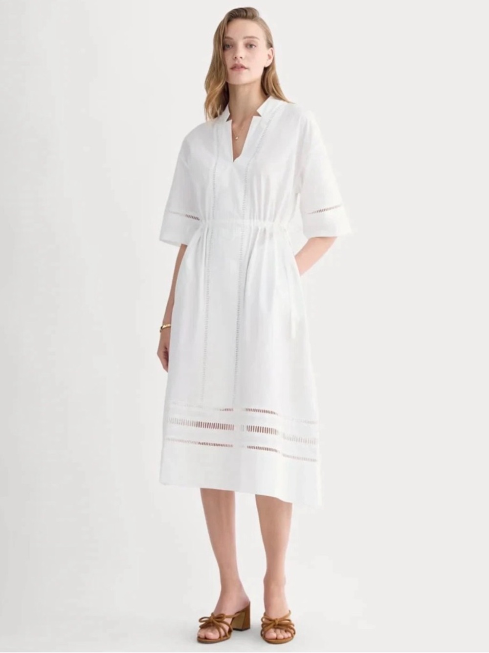 New Everlane Women’s White V Neck Tie Waist Pockets Lace Trim PopOver Midi Dress